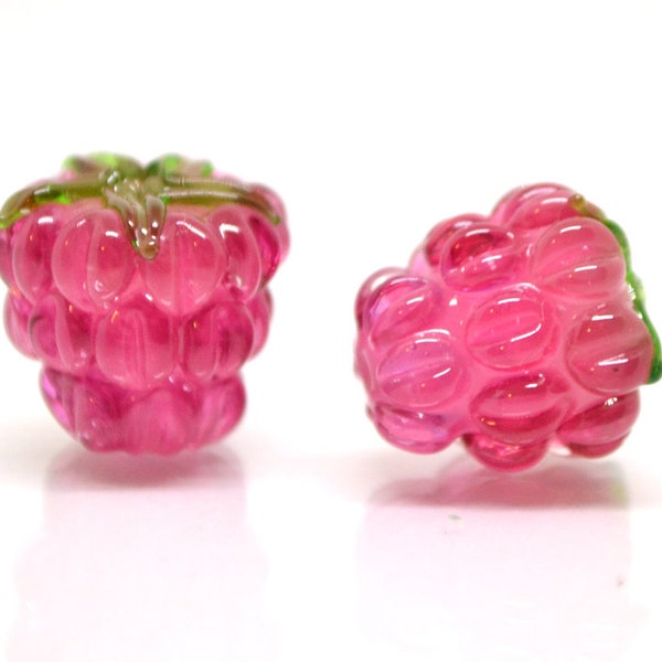 Bright pink lampwork raspberry, Frost glass berries, Lampwork raspberries, Berry fruit beads, Glass Raspberry