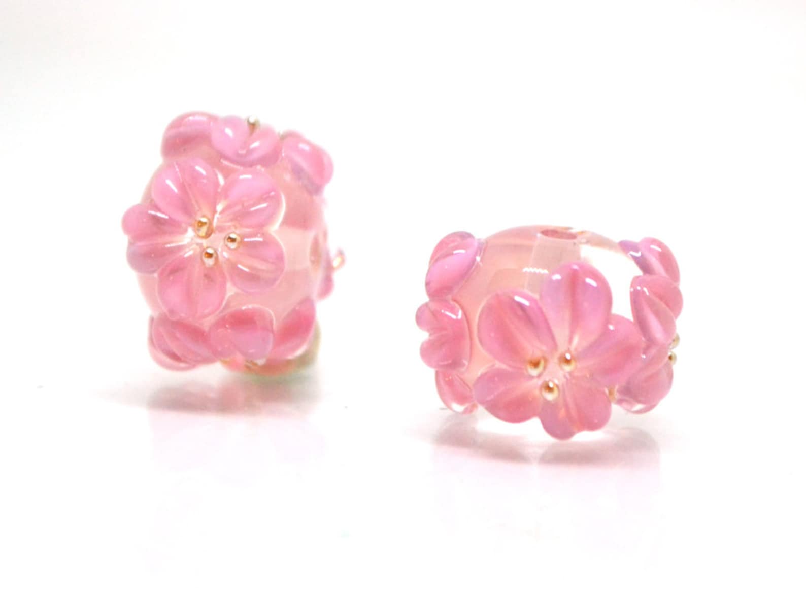 Pink Flower Beads, Clear Rondelle Beads With Flowers, Rondelle Lampwork ...