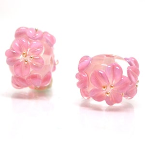 Pink Flower Beads, Clear Rondelle Beads With Flowers, Rondelle Lampwork ...