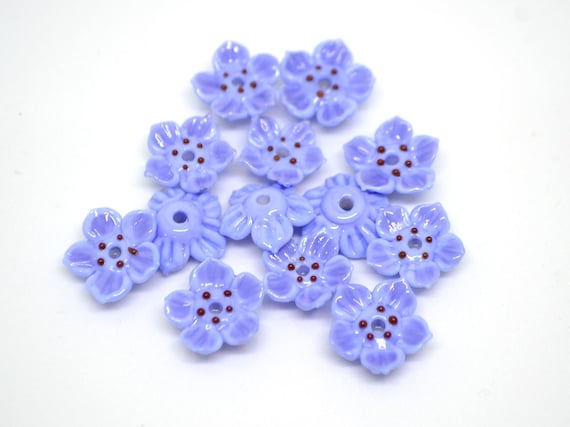 Lampwork Flower Beads, Cornflower Blue & Lavender, Artisan Floral Beadwork