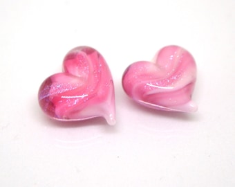 Pink heart beads, Pink glass bead, Heart jewelry making, Sparkle Lampwork heart, Heart shape, Glass Heart charm, Half-drilled beads