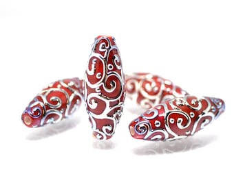 red silver lampwork beads artisan lampwork lampwork beads set rhombus oval textured mirror beads jewelry making bright deep red silver glass