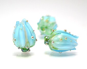 azul cielo lámpara de flores cuentas de lámpara artesanal de boda vidrio floral Bud blossom cuentas para pendientes rosa plata cuentas azules algo azul