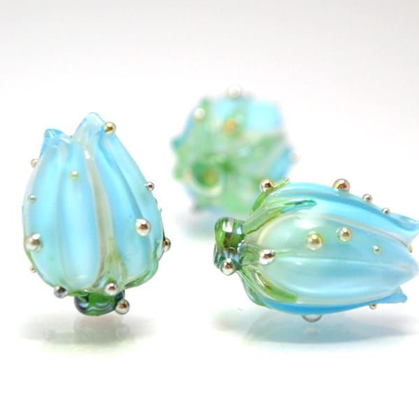 himmelblaue Blumen Lampwork Perlen handgemachte Lampwork Hochzeit Floral Glas Bud Blüten Perlen für Ohrringe rose silber blau Perlen etwas blau