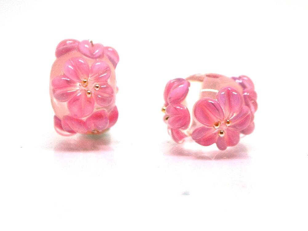 Pink Flower Beads, Clear Rondelle Beads With Flowers, Rondelle Lampwork ...