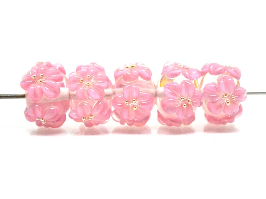 Pink Flower Beads, Clear Rondelle Beads With Flowers, Rondelle Lampwork