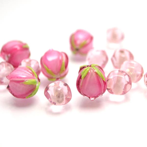 pink flower lampwork bead tender floral glass bud artisan handmade wedding jewelry making bracelet necklace pendant earrings bead set Leaf