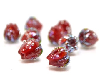 Bright red sparkle flower beads with silver dots, Floral lampwork, 10mm glass beads