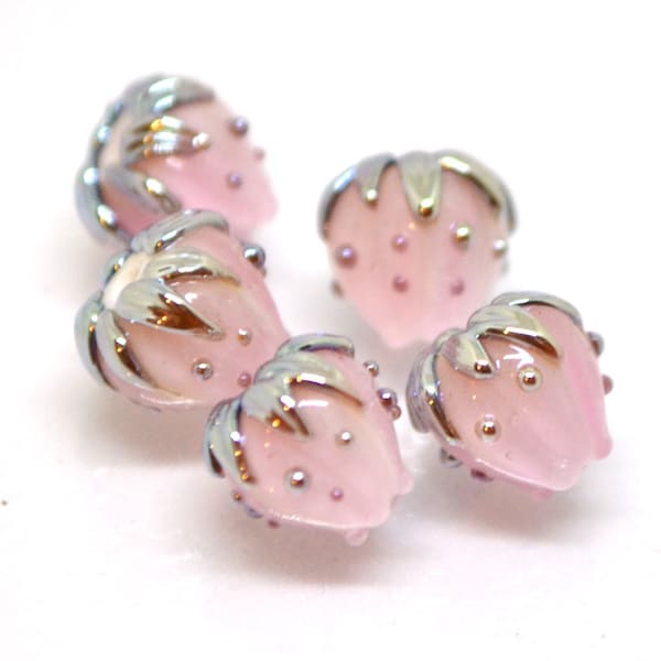 Pale pink floral beads with gold leaves, Tiny glass beads, Light pink 7mm flower beads, Artisan lampwork