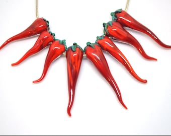 Red chili peppers, Glass chili beads, Horizontal center-drilled beads, Vegetable beads, Farm pendant, red green