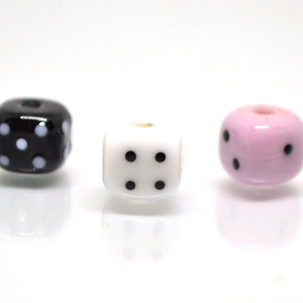 Glass dice beads, Handmade lampwork beads, 8mm glass cube beads, Funky dice glass beads, white glass dice, black dice, pink dice,opaque dice