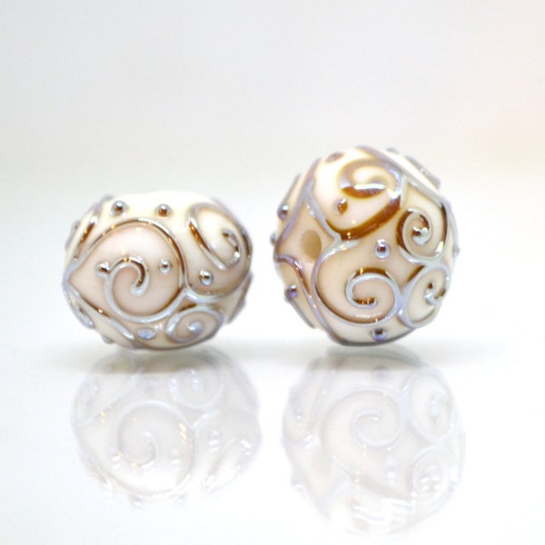 White beads with silver curls, 11*14 mm, One bead, Glass art beads, Handmade lampwork bead, Artisan lampwork, Round beads, Jewelry making