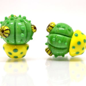 Lampwork cactus beads with yellow pot, Wilderness plants, Cactus yellow flower pendant, Succulent beads, Artisan lampwork