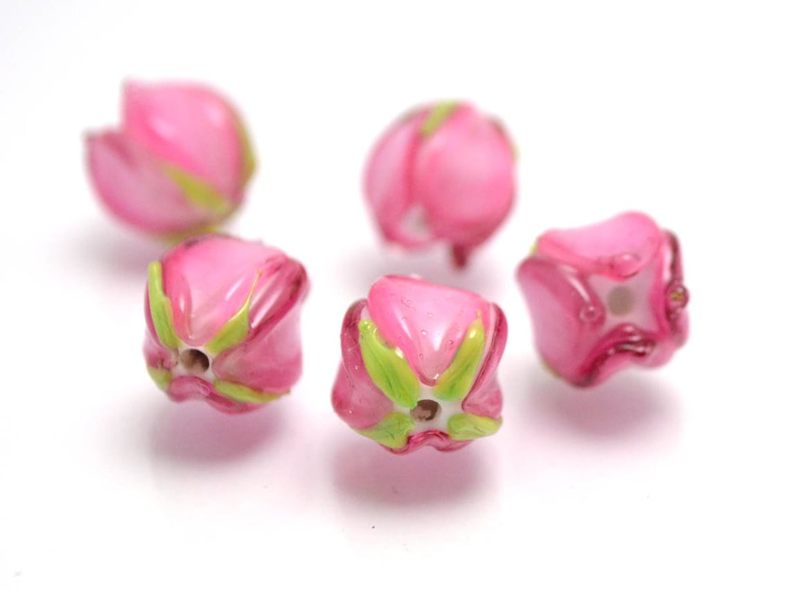 Pink flower lampwork bead tender floral glass bud artisan | Etsy