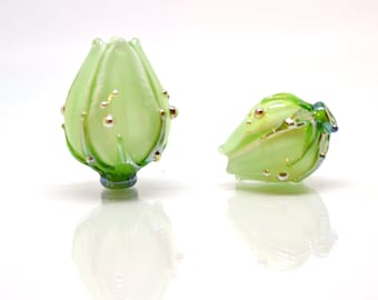 Mint green lampwork flower beads, Handmade lampwork beads, Floral glass pendant, Fresh green glass beads