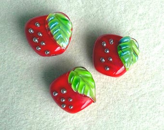 Handmade Lampwork Apple Bead: Red Glass Fruit, Summer Jewelry Making