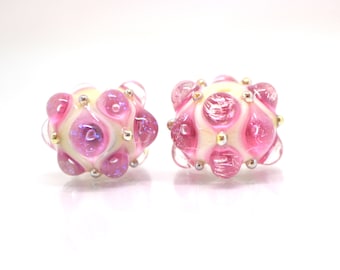 Pink beige handmade glass bead, 12*15 mm glass beads, One bead, Pink lampwork, Artisan lampwork, Pink Beads for bracelet, Jewelry beads