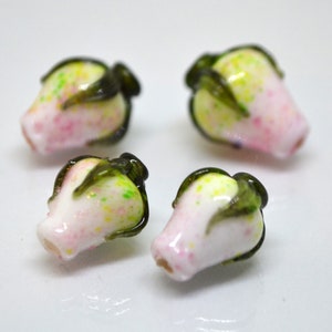 Pink white twist rosebud beads, Spring flower Glass Beads, Floral lampwork bead, Pink green flower buds, Artisan lampwork beads, OliVerStar