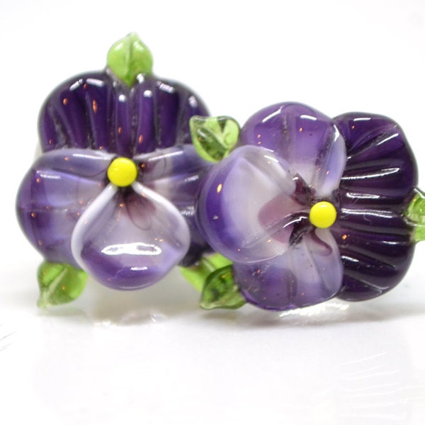 Purple glass pansy beads, Lampwork pansies, Lampwork flower beads, Purple lampwork pansy