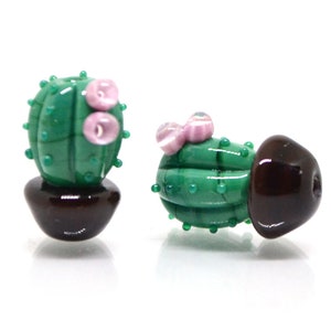Glass cactus beads with pink flower, Dessert plants, Cactus flower in a pot pendant, Succulent beads