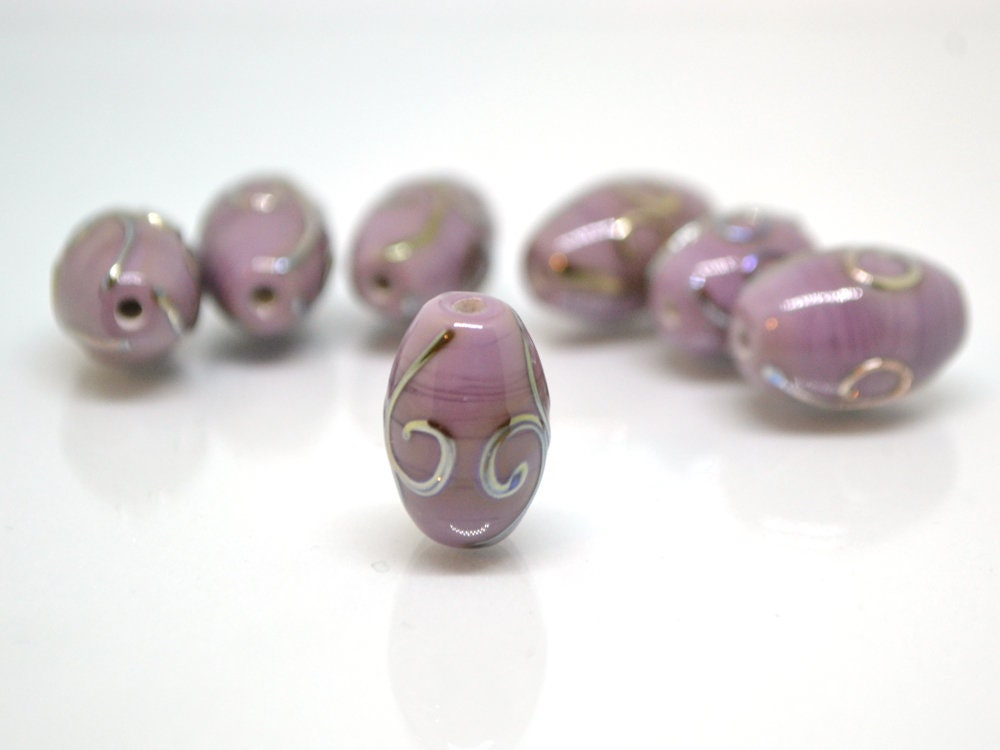 6 Lampwork Handmade Glass Beads – Silver Foil Purple Amethyst Twist Oval 20x16mm