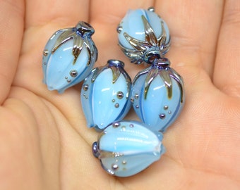 Handmade glass sky blue flower beads|Light Blue Silver|Glass pendant|Flower bud bead|Floral lampwork|Something blue|Wedding jewelry making