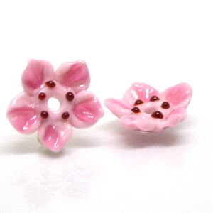 May include: Two pink ceramic flower beads with brown centers. The beads are shaped like five-petal flowers.