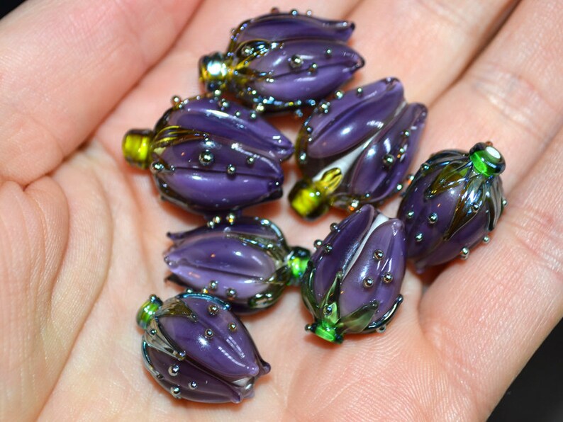 Dark purple flower lampwork handmade beads glass Flower Etsy