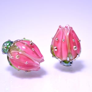 pink flower lampwork bead rose gold dots bud artisan handmade glass jewelry making dew green Leaf floral beads for earrings pendant wedding