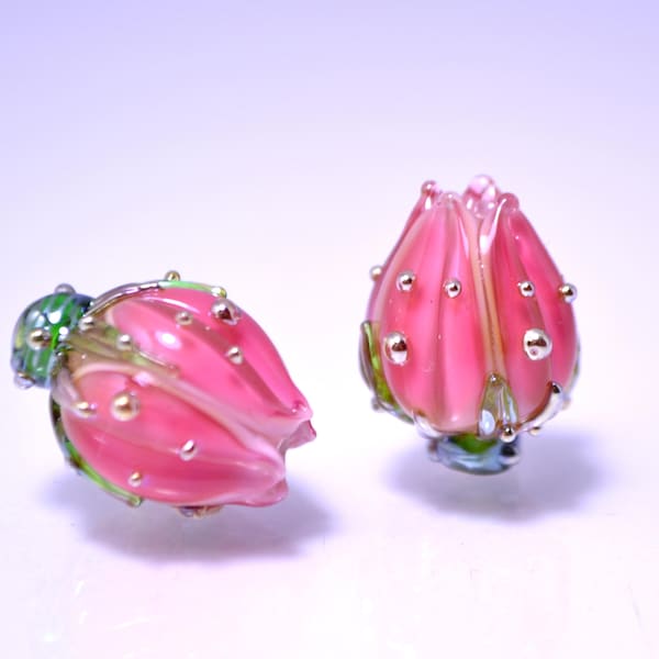 pink flower lampwork bead rose gold dots bud artisan handmade glass jewelry making dew green Leaf floral beads for earrings pendant wedding