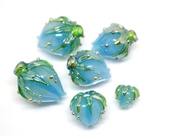 Powder Blue Lampwork Glass Flower Bud Beads, Jewelry Making