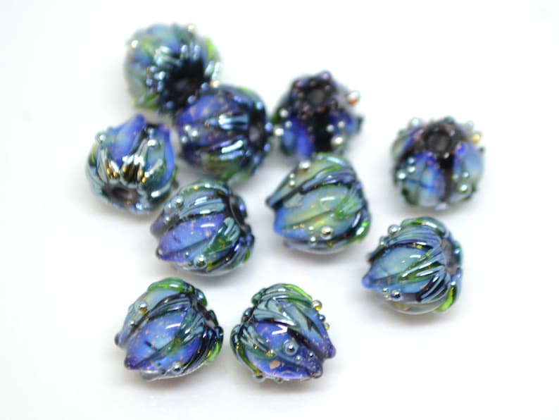 Blue Green Flower Glass Beads Artisan Lampwork Floral Beads Etsy