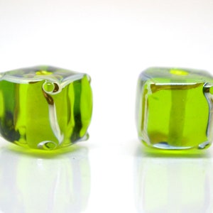 Salad green glass beads, Verdant green beads, Handmade green cube beads, Lampwork cube bead, Square lampwork bead, Geometry lampwork