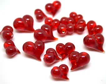 Red heart charm beads, Lampwork heart, Red glass beads, Glass heart shape bead, Murano style bead, Half-drilled beads, Artisan lampwork