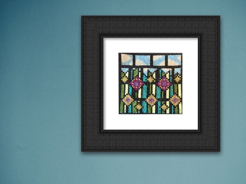 Stained Glass Flowers Small Craft Gift Original Wall Art Modern Cross Stitch Kit Needlepoint Kit Embroidery Kit Craft Kit