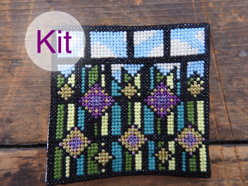 Stained Glass Flowers Small Craft Gift Original Wall Art Modern Cross Stitch Kit Needlepoint Kit Embroidery Kit Craft Kit
