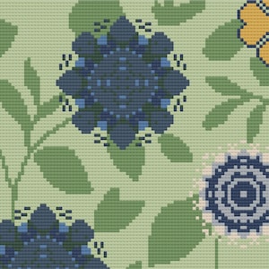 May include: A cross-stitch pattern featuring a light sage green background with dark blue geometric floral motifs, green leaves, and a partial yellow flower in the upper right corner. The design is composed of a grid of small, square stitches.