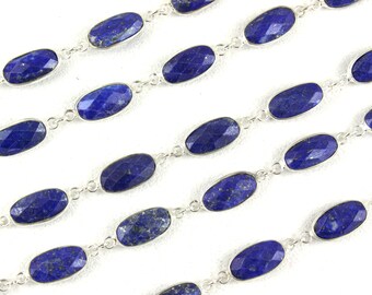 92.5 Sterling Silver 2 Pieces Connectors,Natural Lapis Lazuli Gemstone,Faceted Oval Shape,Size 7x13 MM,Silver Connectors For Chain Wholesale