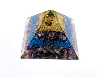 Amethyst & Turquoise Orgonite Pyramid: Energy Generator Crystal Tower