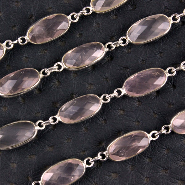 92.5 Sterling Silver 2 Pieces Connectors,Natural Rose Quartz Gemstone, Faceted Oval Shape,Size 7x13 MM Connector For Chain Gift For Friends