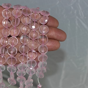 1 fio de quartzo rosa natural, formato de moeda, facetado, 12-13 mm, fio de aproximadamente 7 polegadas de comprimento, quartzo rosa, quartzo natural, quartzo moeda, quartzo rosa facetado