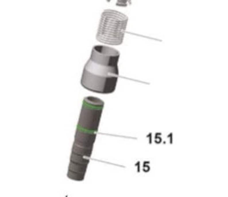 May include: A disassembled plumbing part with a black and green hose, a silver connector, and a silver coil.