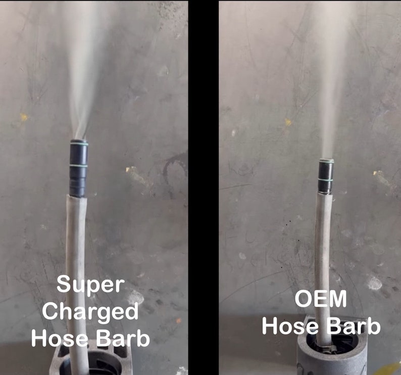 May include: Side-by-side comparison of two hose barbs. The left barb is labeled "Super Charged Hose Barb" and the right barb is labeled "OEM Hose Barb". Both barbs are emitting a white smoke plume.