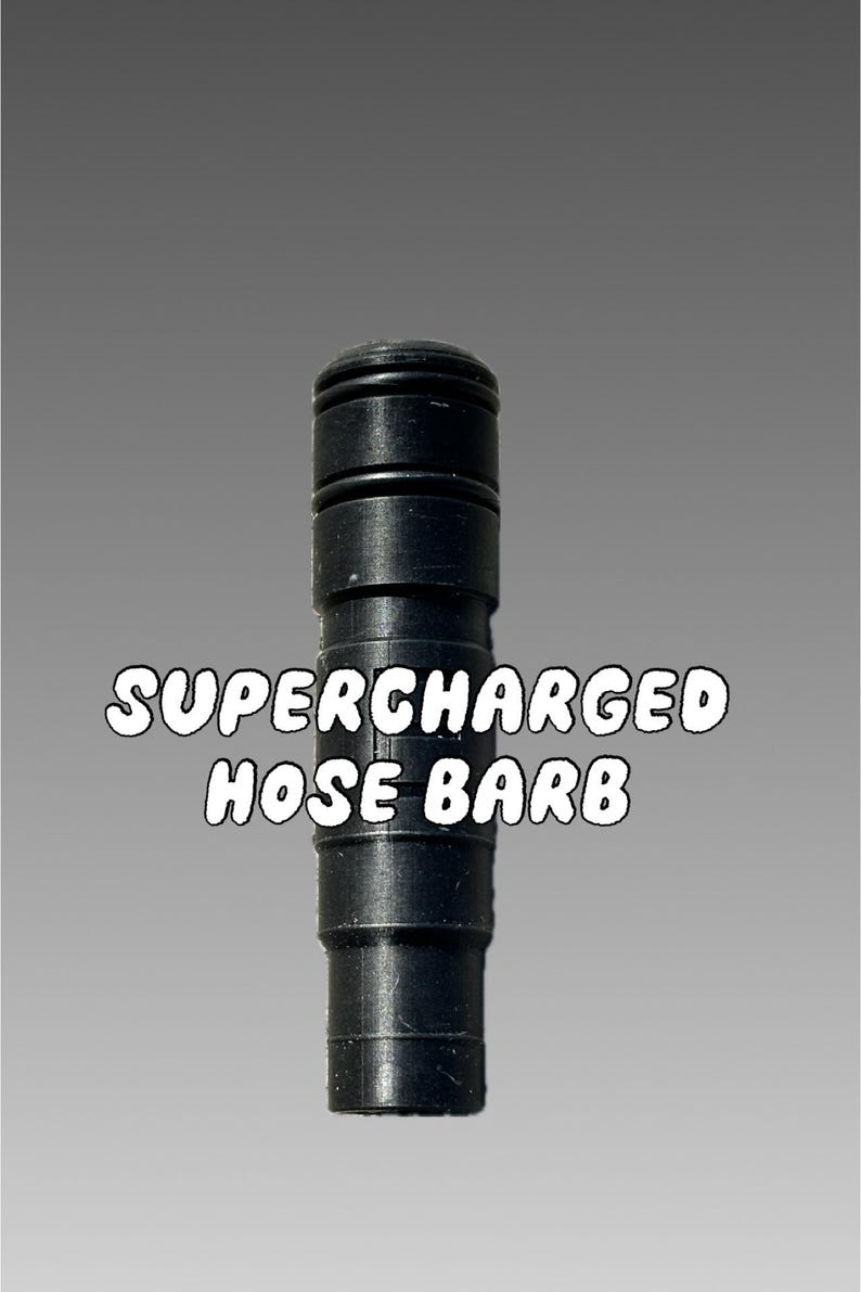 May include: Black plastic hose barb fitting with the text "SUPERCHARGED HOSE BARB" printed in white.