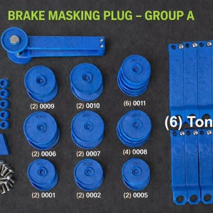 May include: An assortment of blue brake masking plugs, nuts, calipers, hex bolts, and tongs. The image includes the text "BRAKE MASKING PLUG - GROUP A". The set includes (12) nuts, (2) calipers, (12) hex bolts, and (6) tongs.