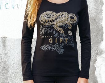 Camiseta de manga larga para mujer, orgánica y de comercio justo, tallas S-L | Negro-Dorado || Estampado animal La vida es un regalo