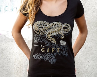 Camiseta mujer ORGÁNICA + JUSTA xs-l | Negra y dorada || ESTAMPADO ANIMAL la vida es un regalo