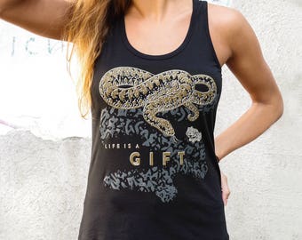 Camiseta de tirantes para mujer orgánica y de comercio justo (talla M-L) | Negra || Estampado animal La vida es un regalo