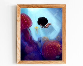 Mermay 2018 Jellies by Rizzyfig. Whimsical Mermaid Wall Art for Your Home. Black Mermaid Art Print. Jellyfish Art.