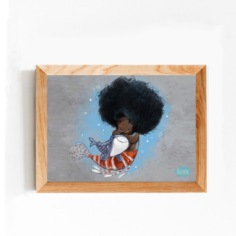Mermay 2018 Whale Shark by Rizzyfig. Whimsical Mermaid Wall Art for Your Home. Black Mermaid Art Print. Black Art. image 1